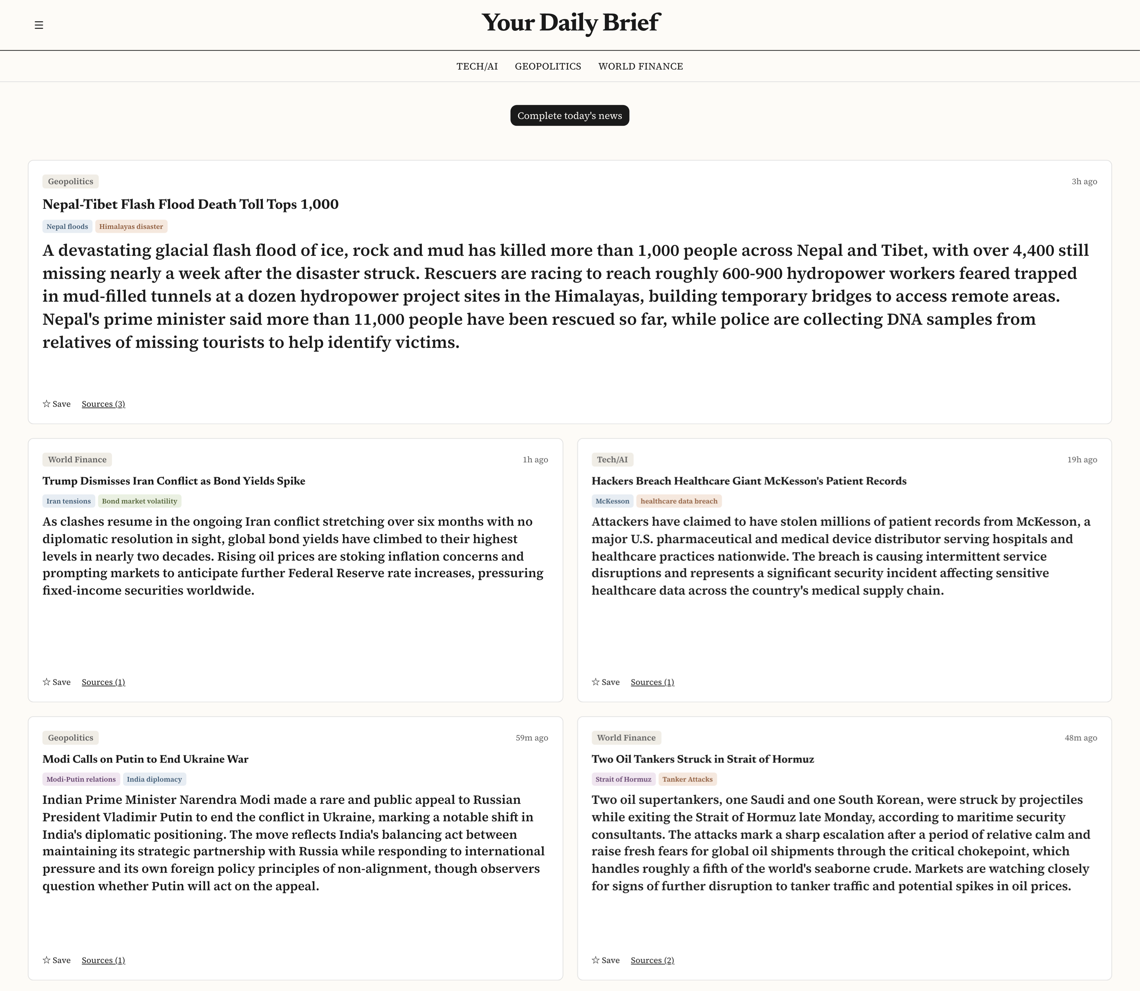 The front page of the news reader: a lead story card with its topic label, headline, subject tags, summary, a save control and a source count, with further story cards below it.