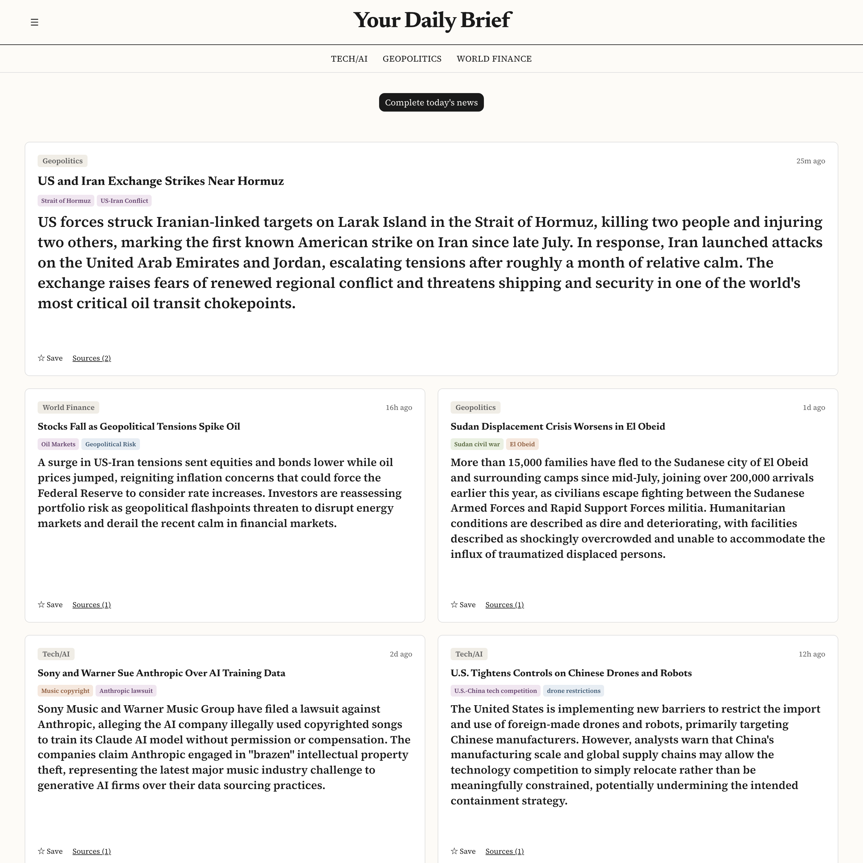 The front page of the news reader: a lead story card with its topic label, headline, subject tags, summary, a save control and a source count, with further story cards below it.