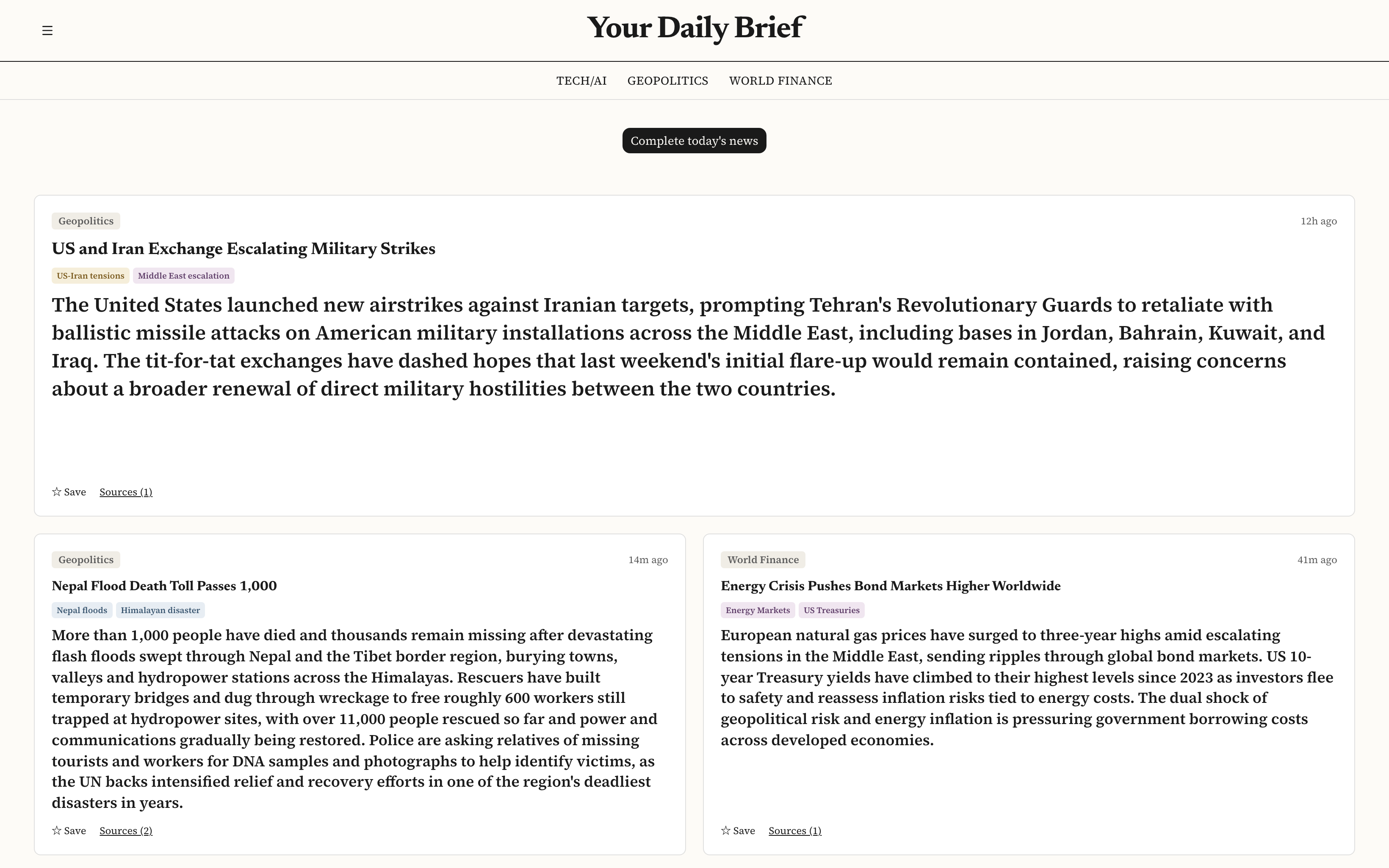 The front page of the news reader: a lead story card with its topic label, headline, subject tags, summary, a save control and a source count, with further story cards below it.