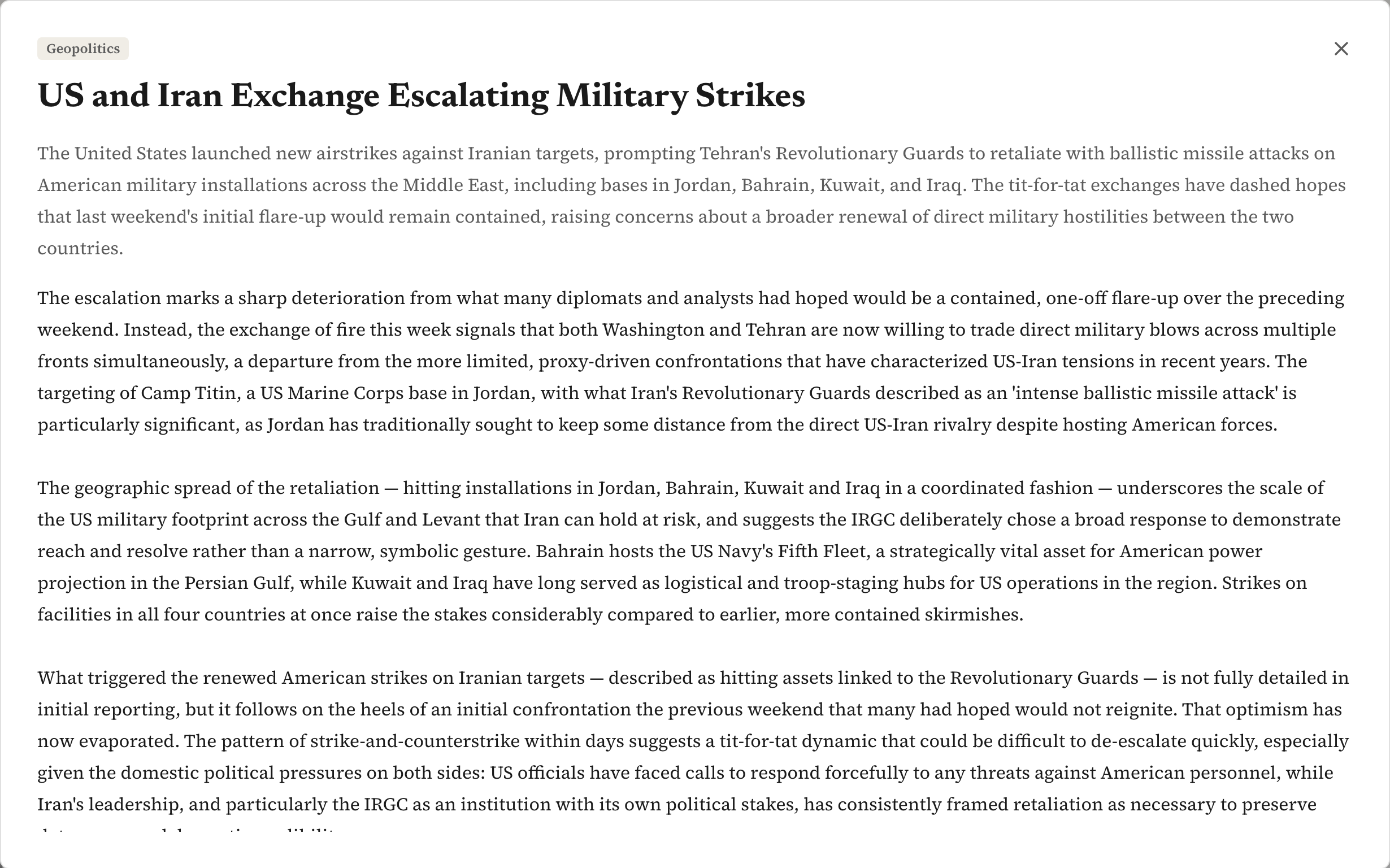 A single story expanded to full width: its topic label, headline, the short summary in grey, then the opening paragraphs of the full report beneath it, running past the bottom of the frame.